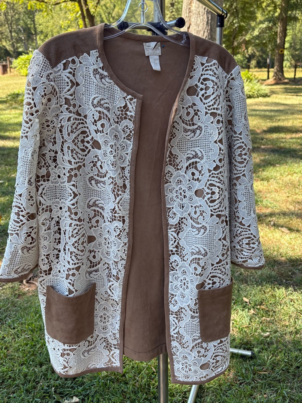 Chico's Brown Faux Suede Cream Lace Overlay Open Cardigan Women’s Size 2